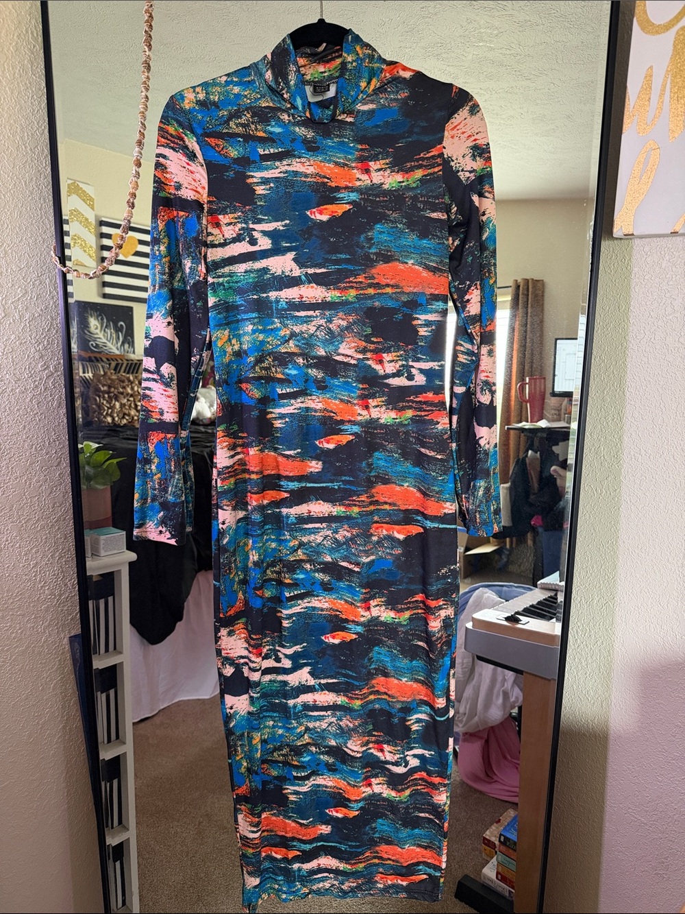 SHEIN Black Long Sleeve Abstract Print Midi Dress with Blue & Coral Accents